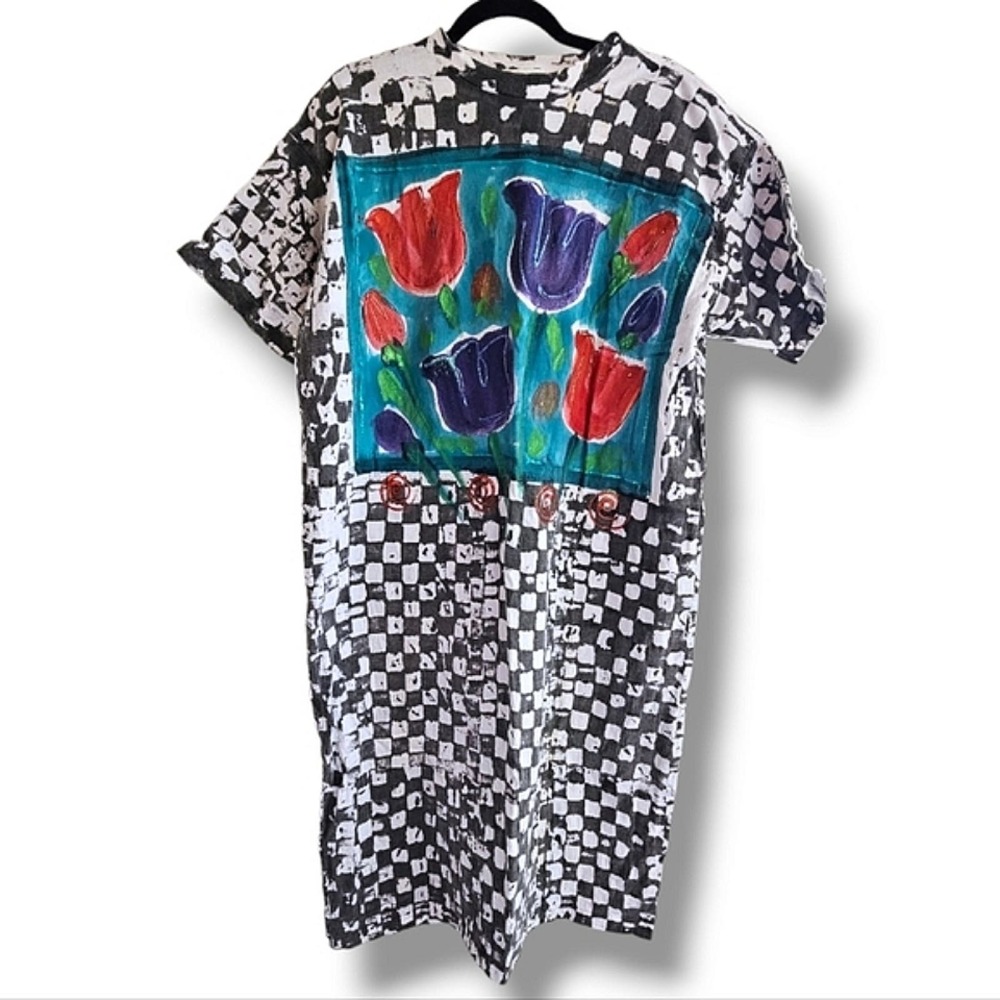 Vintage 90s Hand Painted Boho Floral Checkered Oversized Tshirt Midi Dress